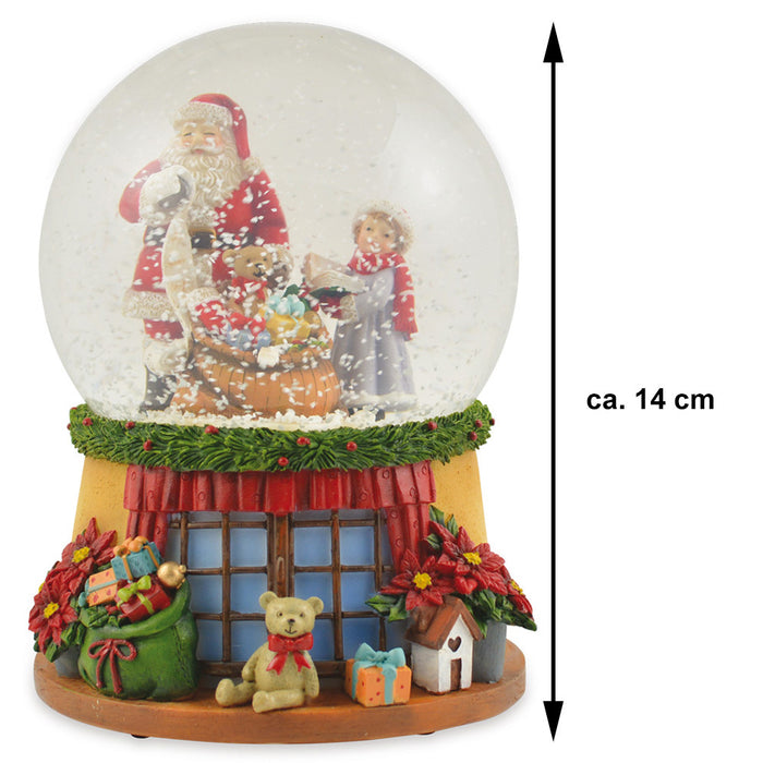 Spieluhr Schneekugel "Weihnachtsmann mit Geschenkesack und Teddy" 14 cm | 72284