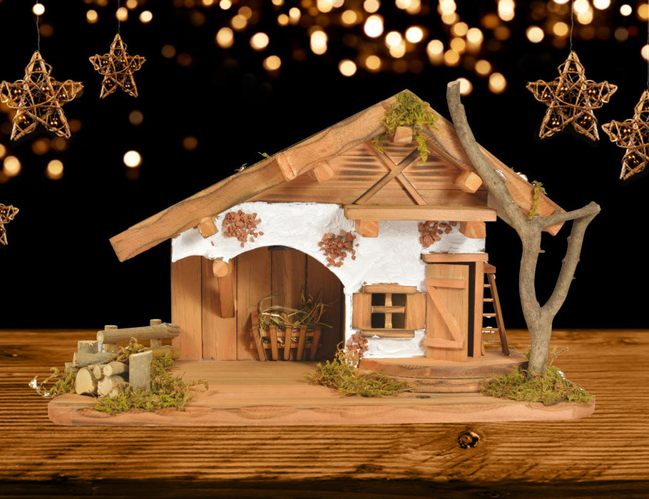 Weihnachtskrippe "Buchsalm" mit LED Laterne 78089 - 40x24x19cm | Stall Holzkrippe