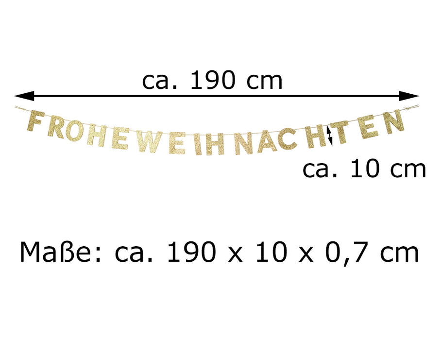 Holz Girlande mit Schriftzug "Frohe Weihnachten" 190x10 cm | 12454 - Gold