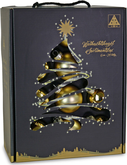 Riffelmacher Glas Weihnachtskugeln im Koffer 26250 | 24 Stück | Ø 6 cm - Gold