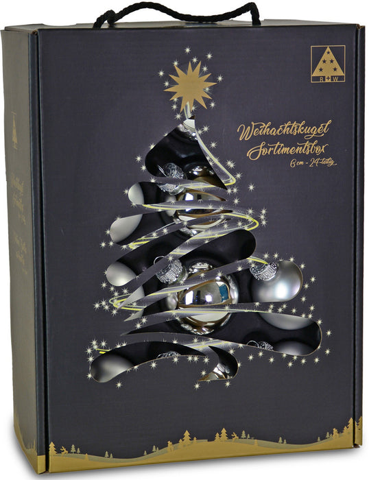 Riffelmacher Glas Weihnachtskugeln im Koffer 26251 | 24 Stück | Ø 6 cm - Silber