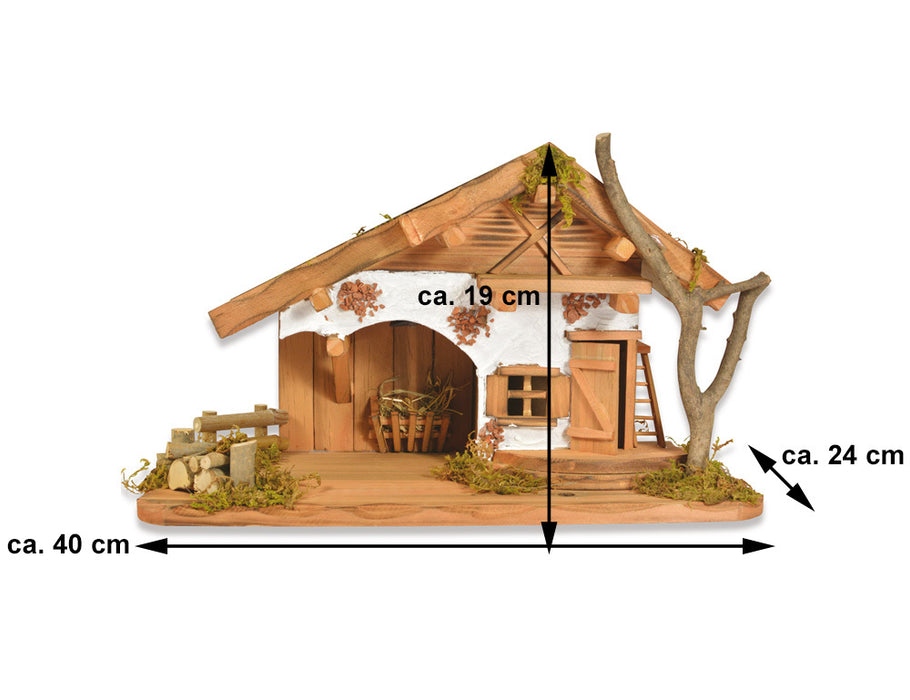 Weihnachtskrippe "Buchsalm" mit LED Laterne 78089 - 40x24x19cm | Stall Holzkrippe