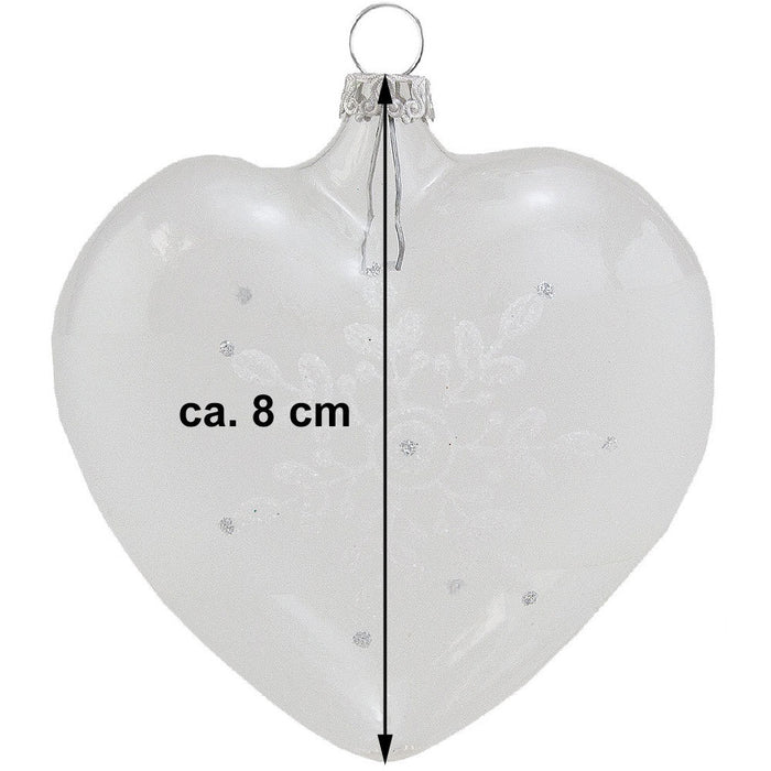 Thüringer Glasdesign Herzen (2 Stück) Ø 8 cm - Weiß/Silber | Glas Weihnachtsbaumkugeln Made in Germa