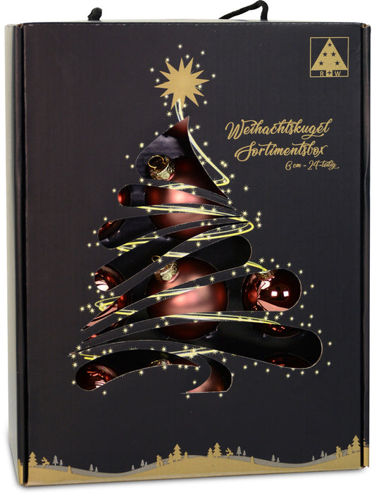 Riffelmacher Glas Weihnachtskugeln im Koffer 26258 | 24 Stück | Ø 6 cm - Karamellbraun