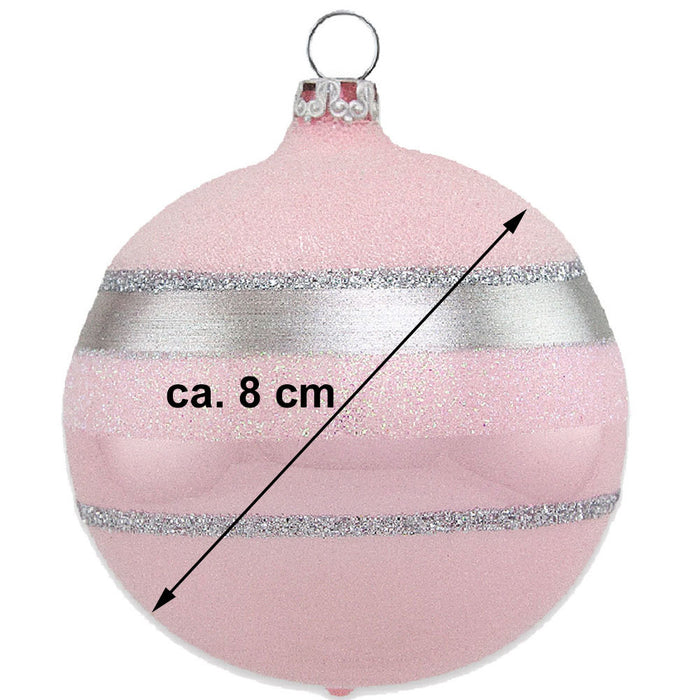 Thüringer Glasdesign Weihnachtsbaumkugel Ø 8 cm (3 Stück) - Glitterstreifen Rosa Opal