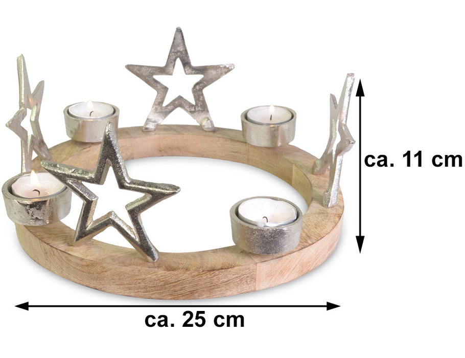 Holz Adventskranz mit Sternen für Teelichter Ø 25 cm | 75219 - Silber Kerzenhalter