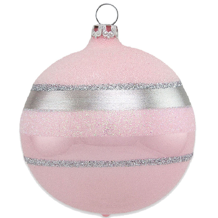 Thüringer Glasdesign Weihnachtsbaumkugel Ø 6 cm (4 Stück) - Glitterstreifen Rosa Opal