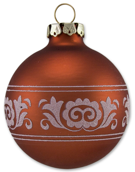 Thüringer Glasdesign Weihnachtskugel-Set 8cm 12-tlg. - Kupfer mit Glitzer Dekor Romantikbordüre - A0
