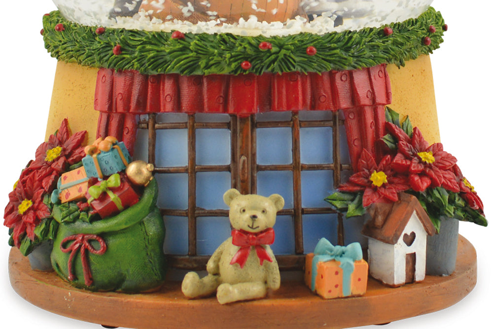Spieluhr Schneekugel "Weihnachtsmann mit Geschenkesack und Teddy" 14 cm | 72284