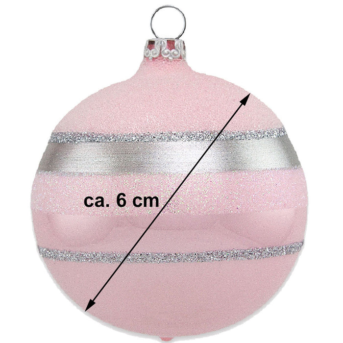 Thüringer Glasdesign Weihnachtsbaumkugel Ø 6 cm (4 Stück) - Glitterstreifen Rosa Opal