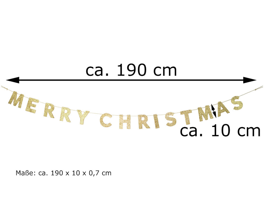 Holz Girlande mit Schriftzug "Merry Christmas" 190x10 cm | 12455 - Gold